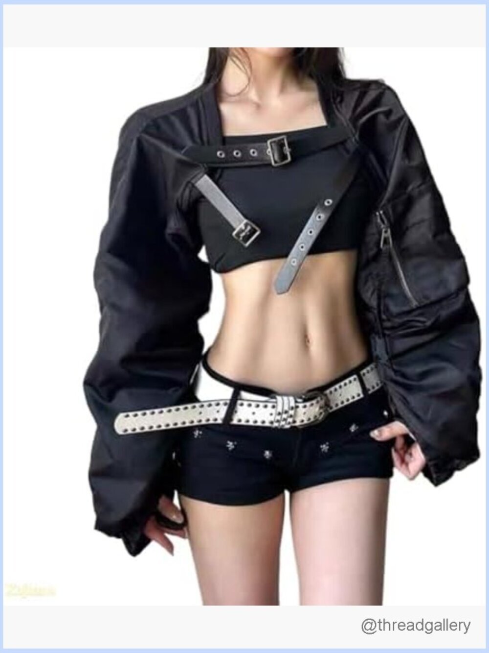 Y2K Belted Cropped Motorcycle Jacket Pleated Long Sleeve Lightweight Edgy